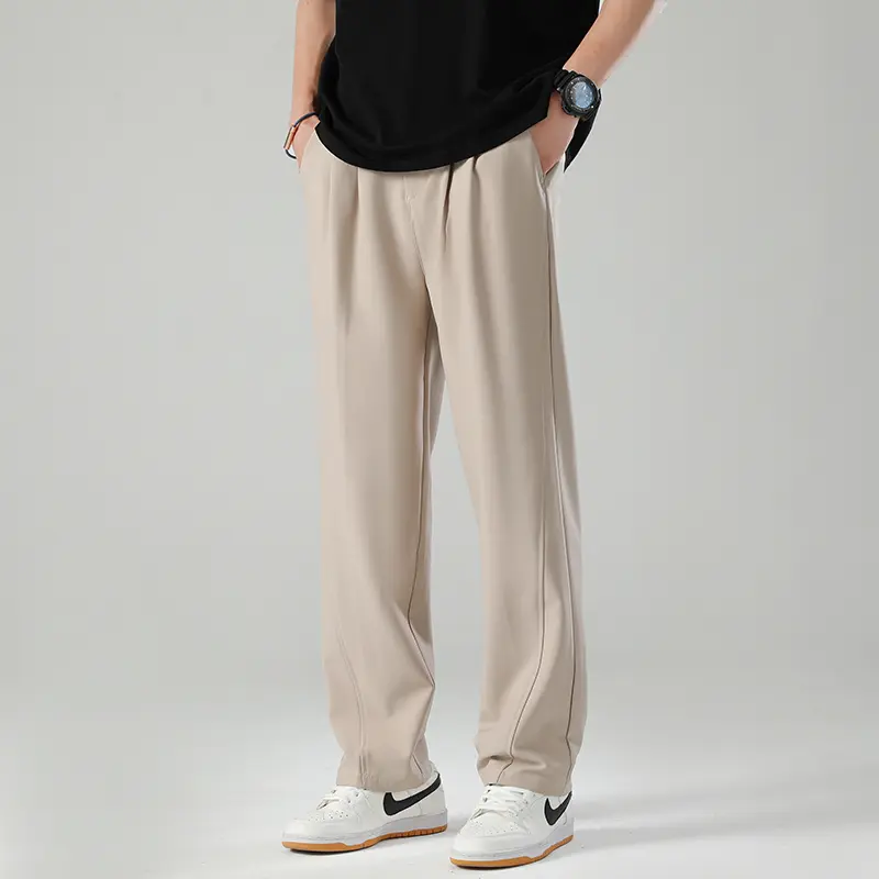 Male Casual Pants Trousers Summer Korean Men's Pants Light&Thin Polyester Elastic Waist Semi-Wide Loose Slacks Drape Suit