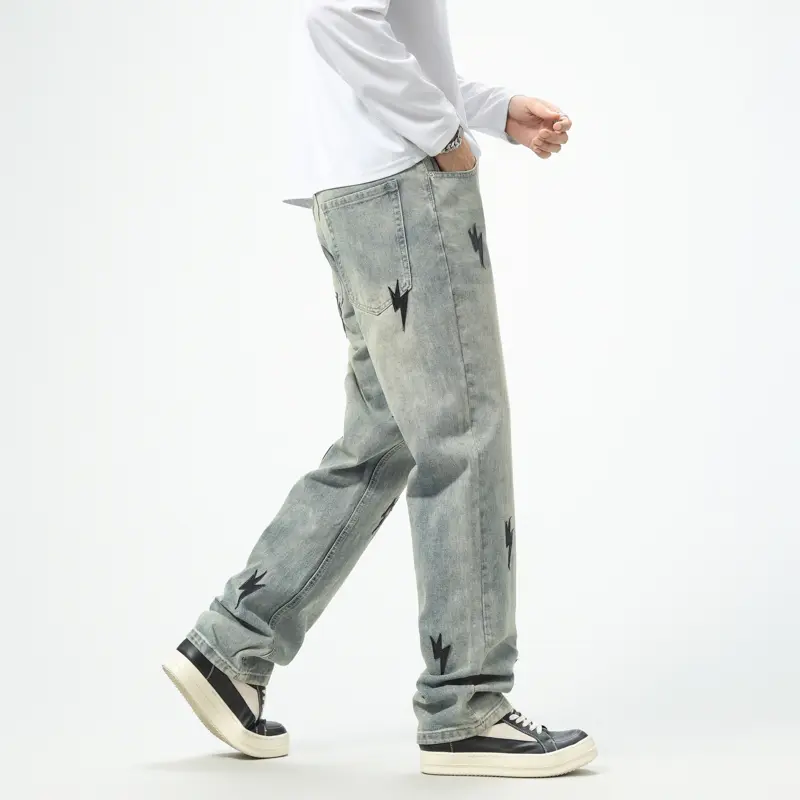 Lightning Print Men's Jeans Y2k Straight Washed Loose Casual Denim Trousers Streetwear Hip Hop Harajuku Couple Model Pants
