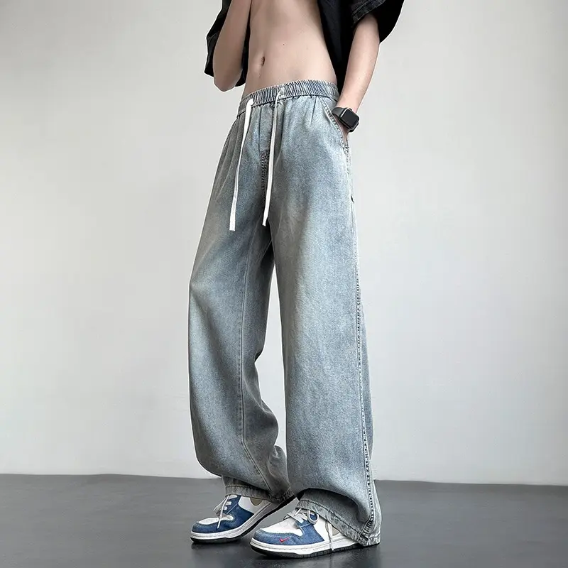 Tencel Retro Jeans for Men Summer Thin Wide-leg Straight-leg Pants American High Street Loose Style Pants Jeans for Men