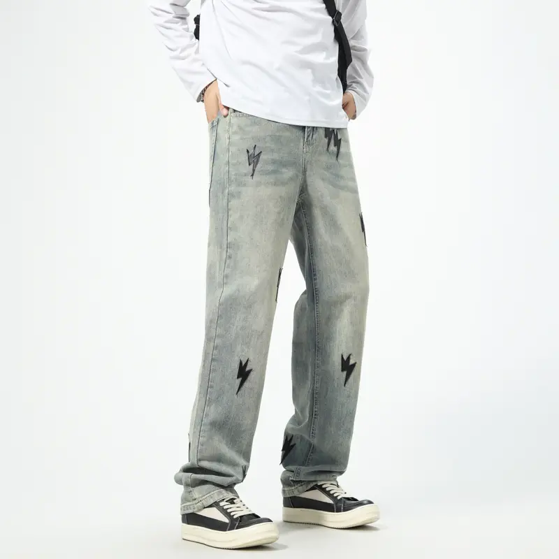 Lightning Print Men's Jeans Y2k Straight Washed Loose Casual Denim Trousers Streetwear Hip Hop Harajuku Couple Model Pants