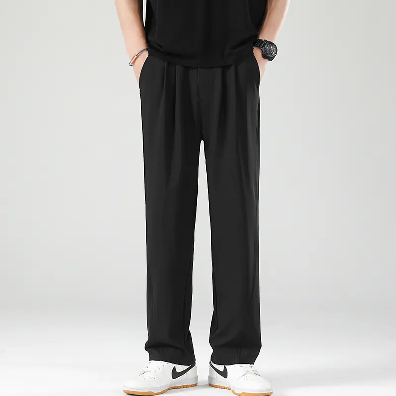 Male Casual Pants Trousers Summer Korean Men's Pants Light&Thin Polyester Elastic Waist Semi-Wide Loose Slacks Drape Suit