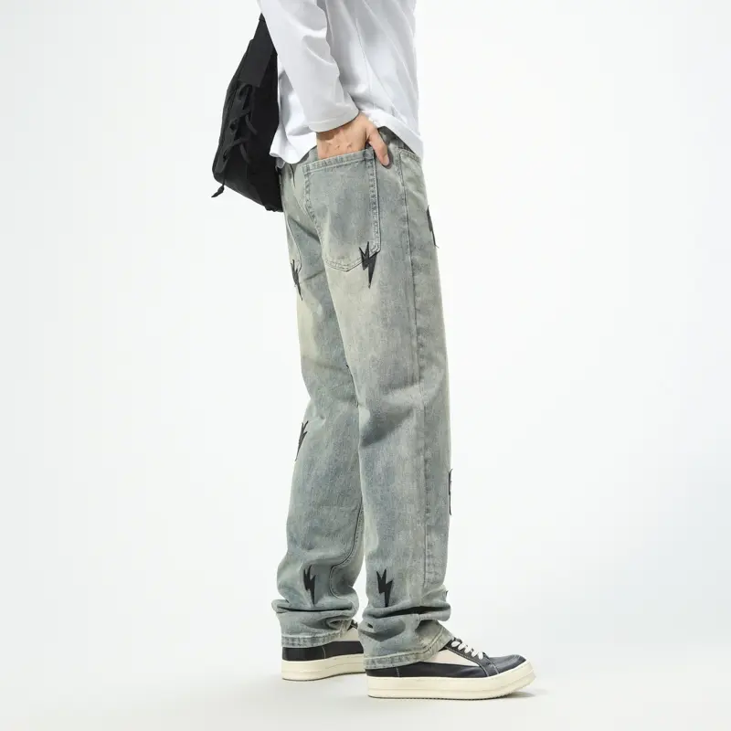 Lightning Print Men's Jeans Y2k Straight Washed Loose Casual Denim Trousers Streetwear Hip Hop Harajuku Couple Model Pants