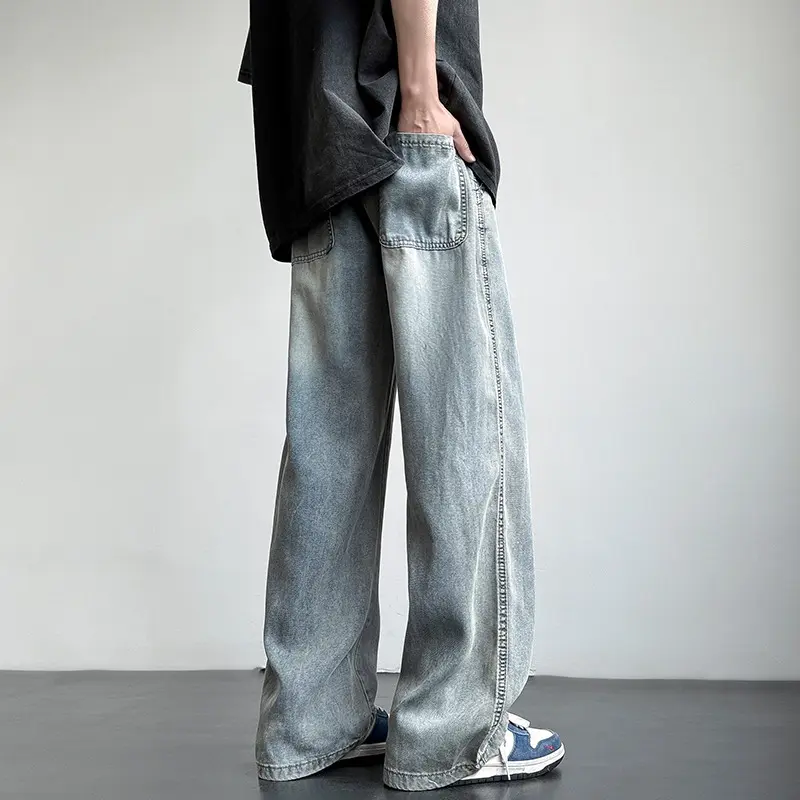 Tencel Retro Jeans for Men Summer Thin Wide-leg Straight-leg Pants American High Street Loose Style Pants Jeans for Men
