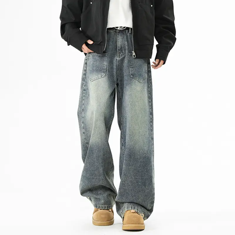 Men's Jeans High Street New American Style Denim Pants Loose Curved Knife Straight Wide Leg Simple Male Trousers Jeans Men