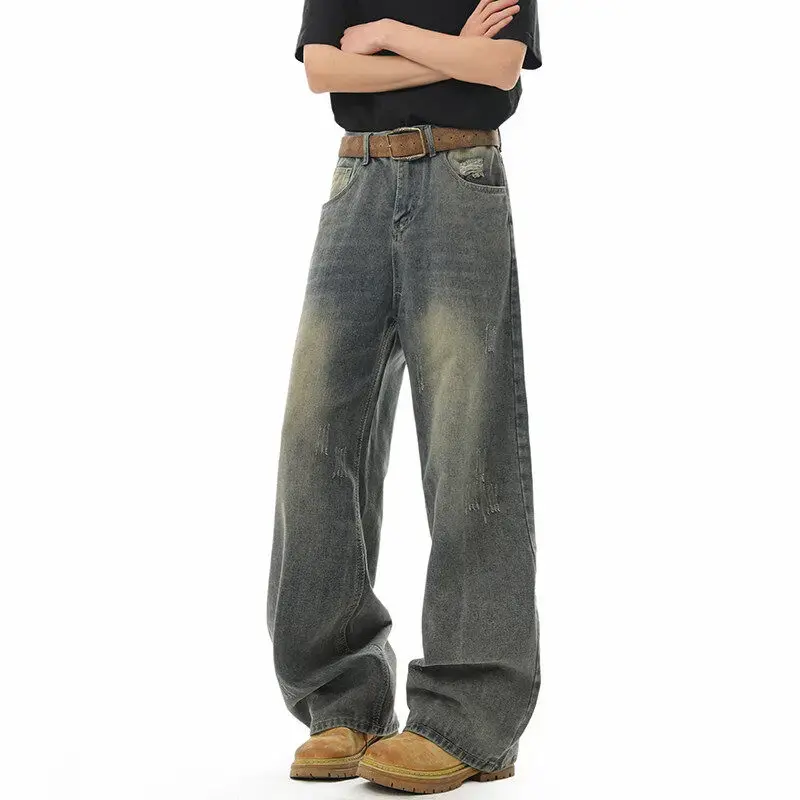 Straight Men Jeans Distressed Washed Jean Mid Waist Denim Full Length Pants Loose Fit Flat Vintage Zipper Fly Pockets 2025