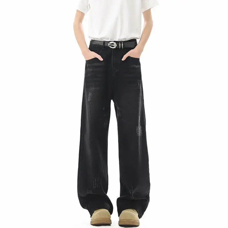 Straight Men Jeans Distressed Washed Jean Mid Waist Denim Full Length Pants Loose Fit Flat Vintage Zipper Fly Pockets 2025