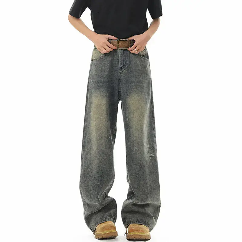 Straight Men Jeans Distressed Washed Jean Mid Waist Denim Full Length Pants Loose Fit Flat Vintage Zipper Fly Pockets 2025