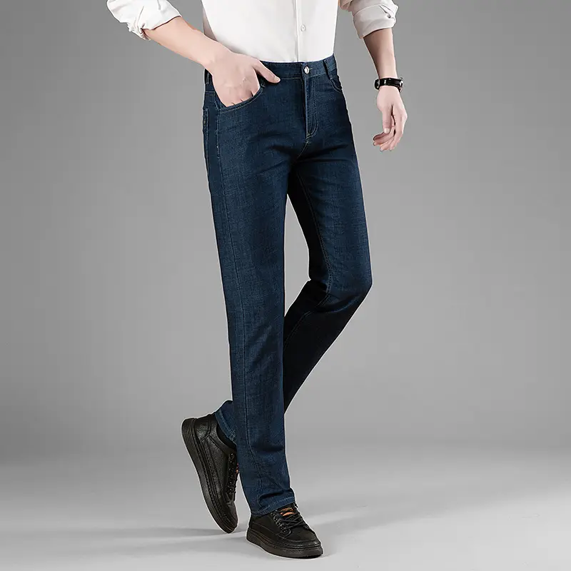 Mens Jeans Men's Denim Pants European American Style Stretch Slim Straight Deep Blue  Jeans Print Low Rise Jeans Men Pants Homme
