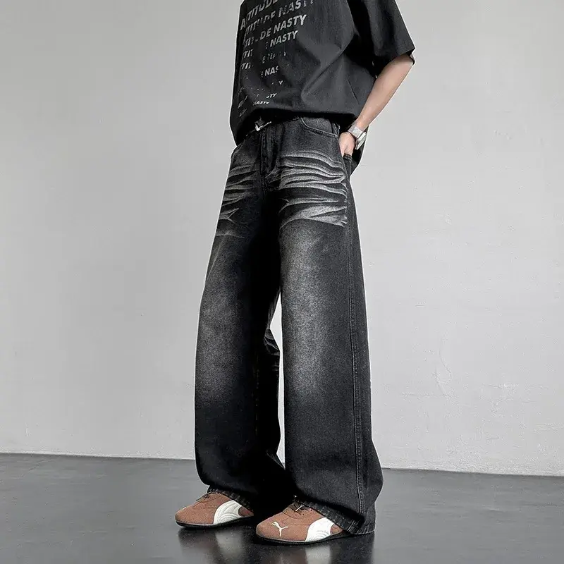 Men Casual Baggy Jeans 2025 Spring New Trendy Jeans Metal Ring Design Male Gradient Color Washed Straight Male Denim Pants Wide