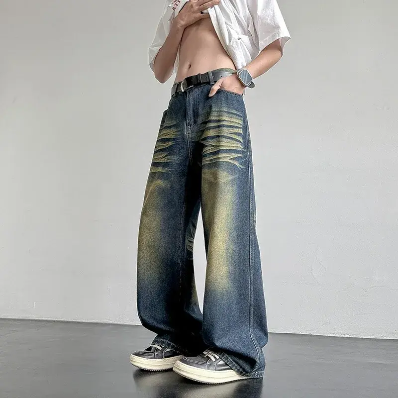 Men Casual Baggy Jeans 2025 Spring New Trendy Jeans Metal Ring Design Male Gradient Color Washed Straight Male Denim Pants Wide