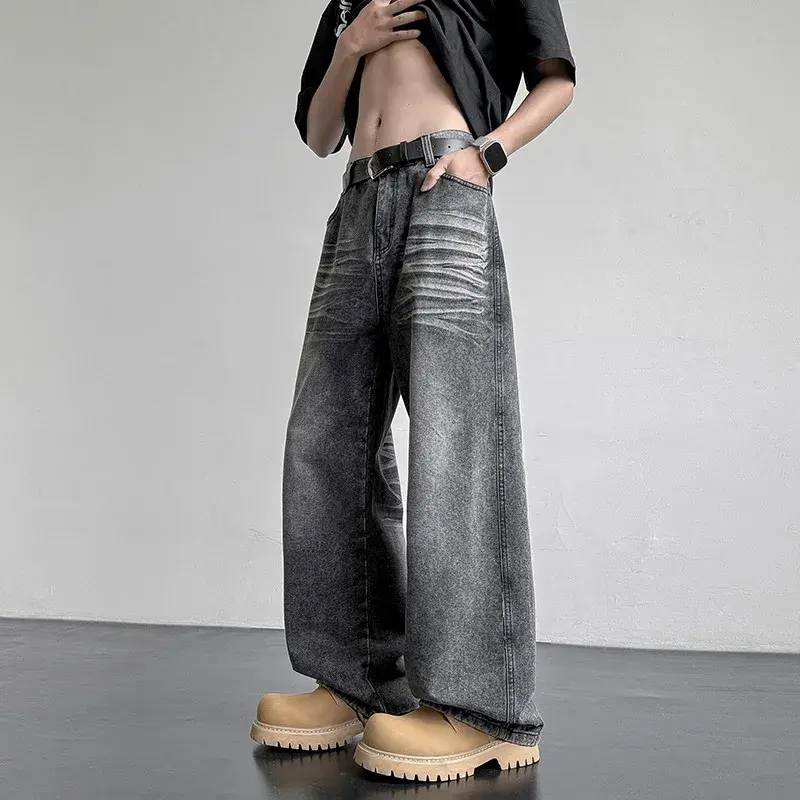 Men Casual Baggy Jeans 2025 Spring New Trendy Jeans Metal Ring Design Male Gradient Color Washed Straight Male Denim Pants Wide