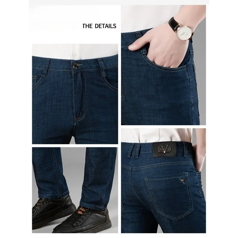Mens Jeans Men's Denim Pants European American Style Stretch Slim Straight Deep Blue  Jeans Print Low Rise Jeans Men Pants Homme