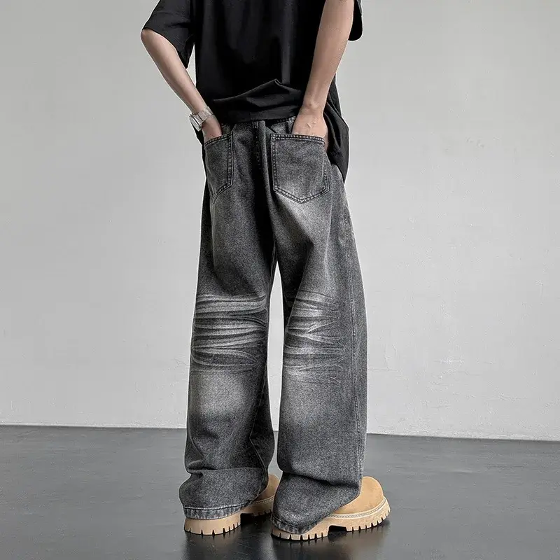 Men Casual Baggy Jeans 2025 Spring New Trendy Jeans Metal Ring Design Male Gradient Color Washed Straight Male Denim Pants Wide