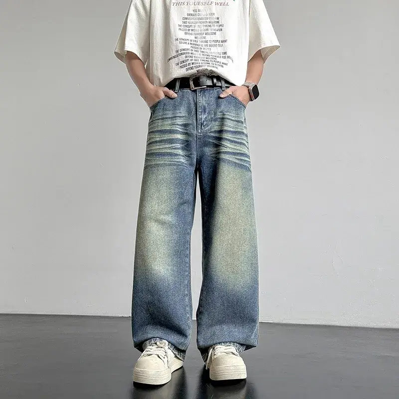 Men Casual Baggy Jeans 2025 Spring New Trendy Jeans Metal Ring Design Male Gradient Color Washed Straight Male Denim Pants Wide
