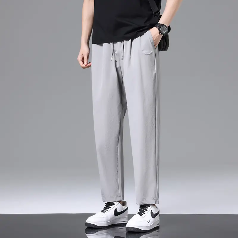 Men's Summer Ice Silk Versatile Casual Pants Thin Sports Trousers Straight Leg Nine Points Trousers for Men Large Size 10XL-M