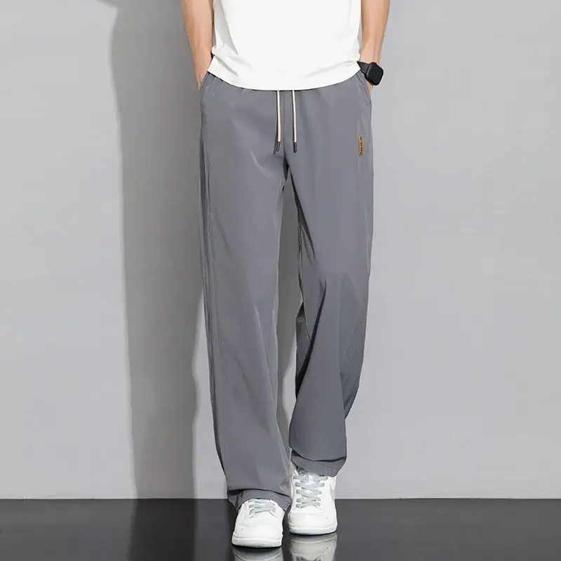 Men's Ice Silk Pants Casual Quick-drying Large Size Straight Pants Fashion Drawstring Solid Color Loose Men's Summer New