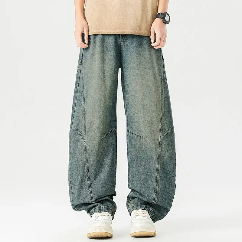 Men's Curved Blade Straight Wide Leg Jeans Pants High Street Casual Relaxed Fit Denim Trousers Y2K Streetwear Unisex Clothes