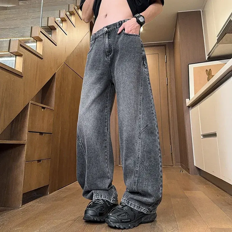 Men's Curved Blade Straight Wide Leg Jeans Pants High Street Casual Relaxed Fit Denim Trousers Y2K Streetwear Unisex Clothes