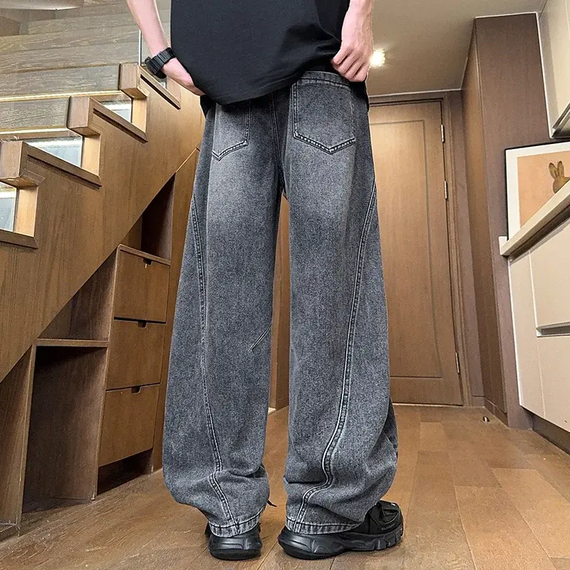 Men's Curved Blade Straight Wide Leg Jeans Pants High Street Casual Relaxed Fit Denim Trousers Y2K Streetwear Unisex Clothes