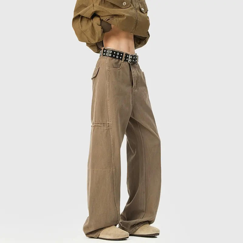 Loose Wide Leg Workwear Pants Women's Cement Grey American Style High Waist Straight Cut Denim Spring Autumn New Retro Jeans Men