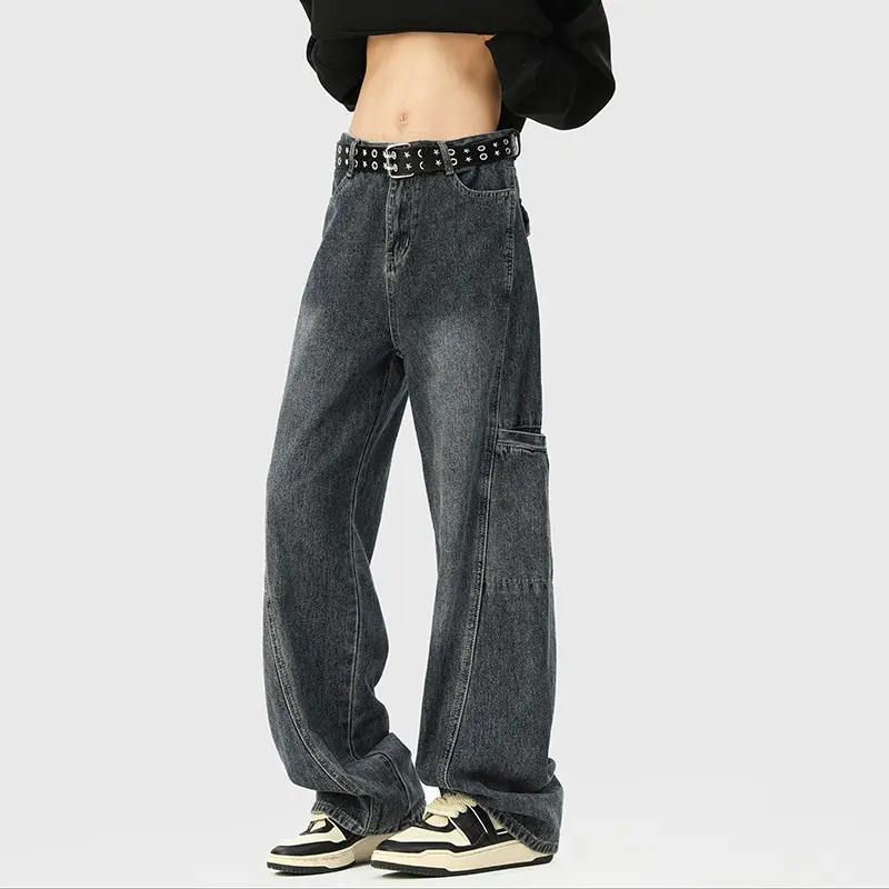 Loose Wide Leg Workwear Pants Women's Cement Grey American Style High Waist Straight Cut Denim Spring Autumn New Retro Jeans Men