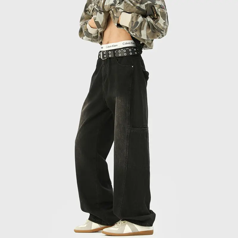 Loose Wide Leg Workwear Pants Women's Cement Grey American Style High Waist Straight Cut Denim Spring Autumn New Retro Jeans Men