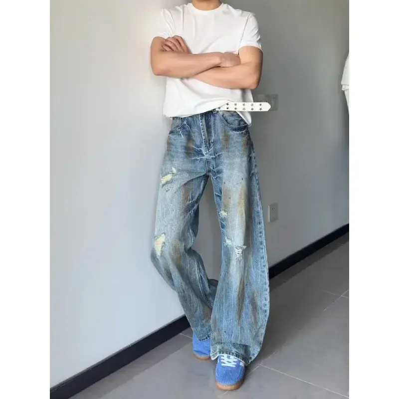 Men Casual Jeans Street Fashion Trend Lightning Pattern Jeans Men Harajuku New Hip Hop Joker Straight Wide-leg Pants Couple