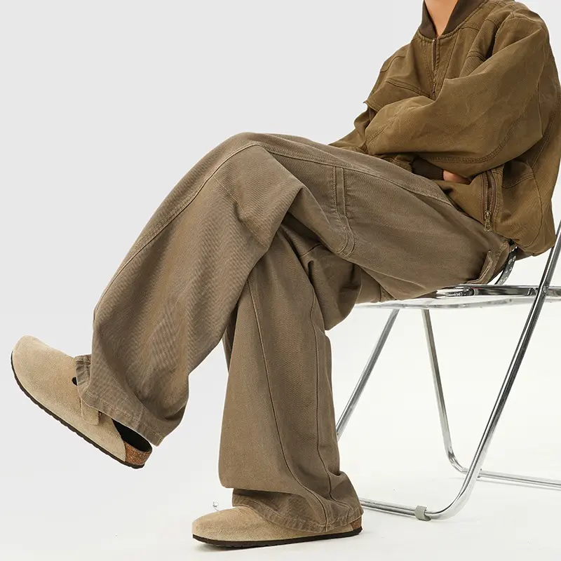 Loose Wide Leg Workwear Pants Women's Cement Grey American Style High Waist Straight Cut Denim Spring Autumn New Retro Jeans Men