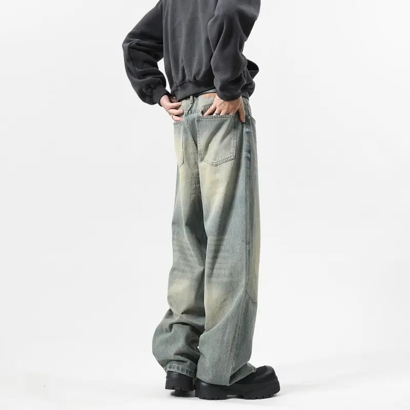 Men's Jeans Bent Knife Loose Water Washed Trendy Gradient Color Straight Wide Leg New American Style Male Bottoms Jeans for Men