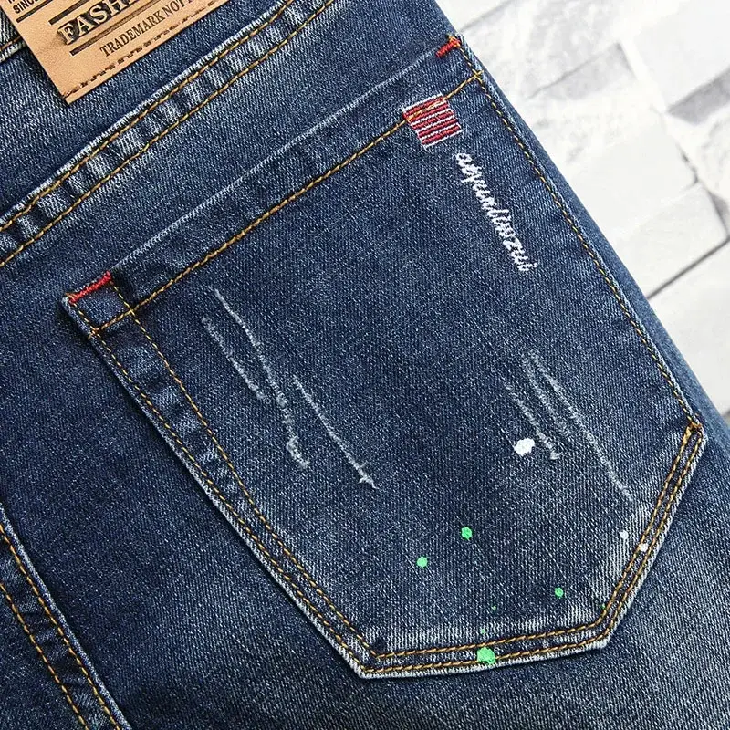 Retro Fashion Ripped Slim Jeans for Men High Street Versatile Stretch Straight Leg Denim Trousers Male 2025 Spring New Style