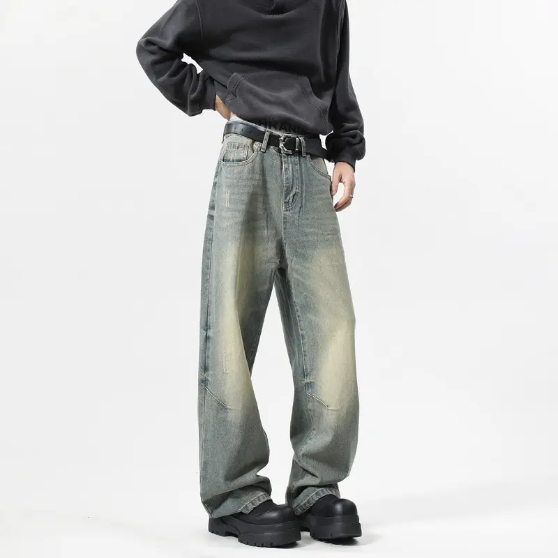 Men's Jeans Bent Knife Loose Water Washed Trendy Gradient Color Straight Wide Leg New American Style Male Bottoms Jeans for Men