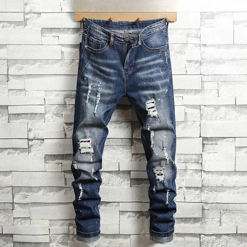 Retro Fashion Ripped Slim Jeans for Men High Street Versatile Stretch Straight Leg Denim Trousers Male 2025 Spring New Style