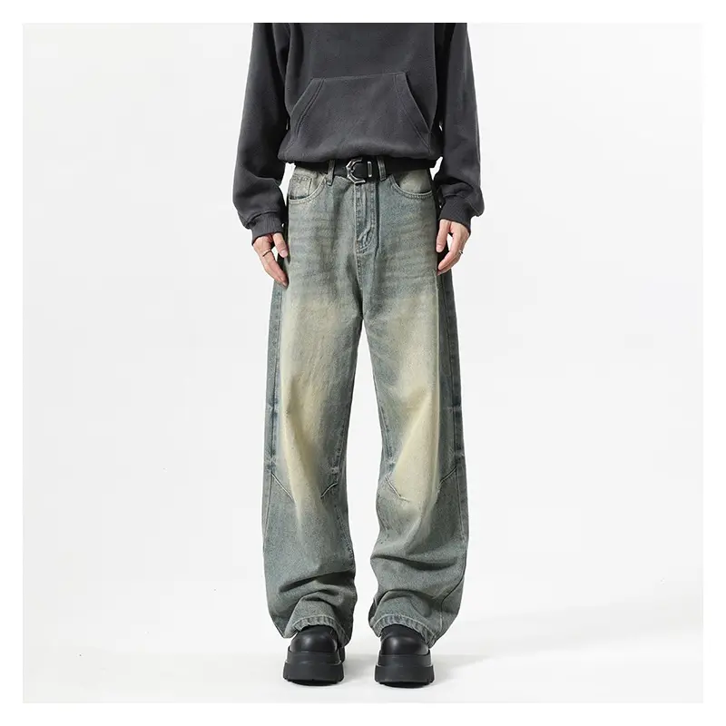 Men's Jeans Bent Knife Loose Water Washed Trendy Gradient Color Straight Wide Leg New American Style Male Bottoms Jeans for Men