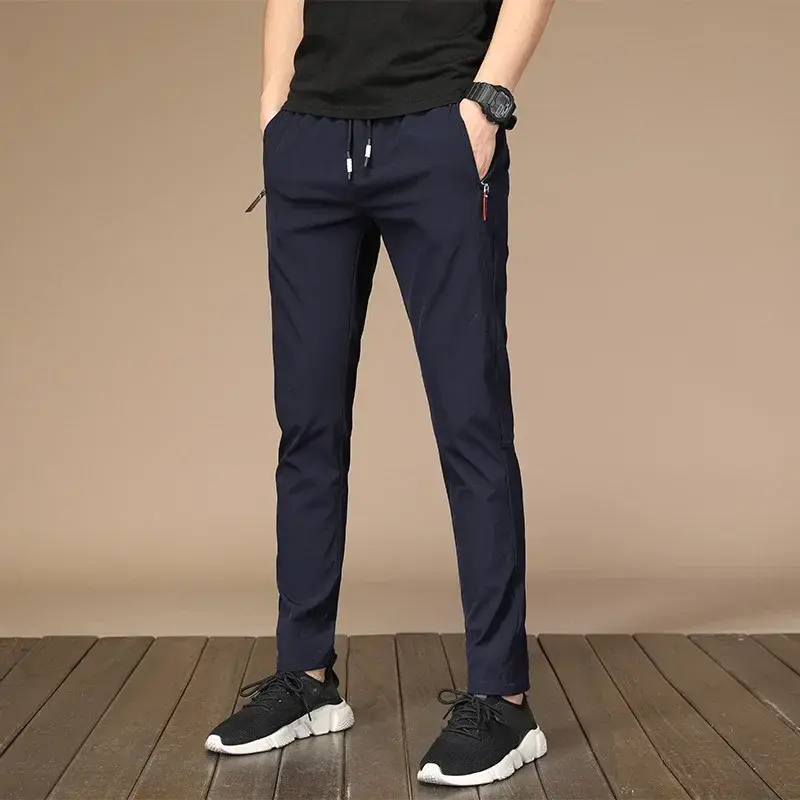 Men Casual Pants Slim Fit Business Pants Drawstring Design High Elasticity Breathable Washable Wear Resistant Summer Joggers Men