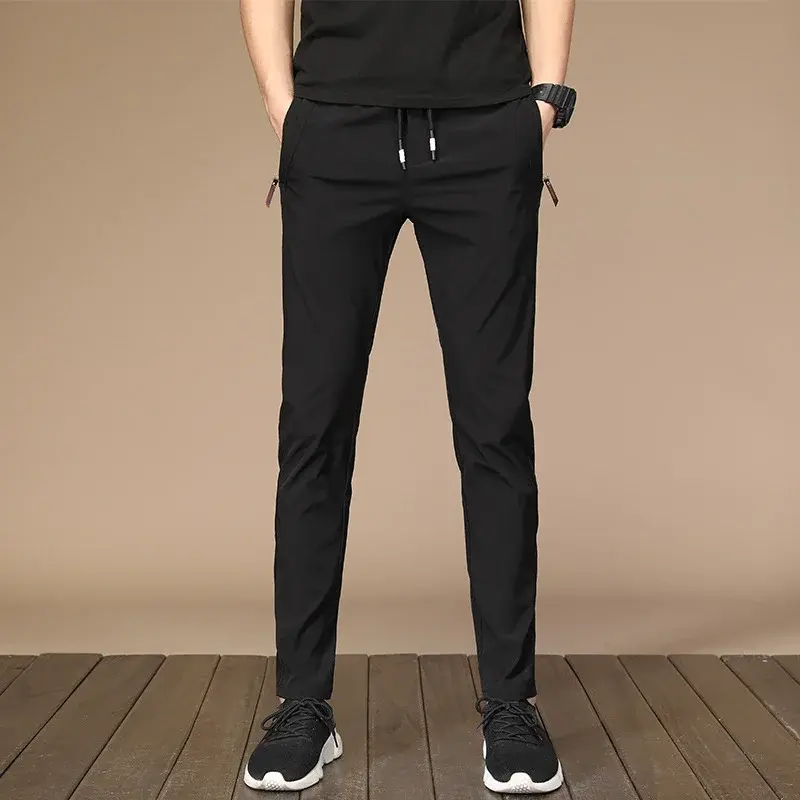Men Casual Pants Slim Fit Business Pants Drawstring Design High Elasticity Breathable Washable Wear Resistant Summer Joggers Men