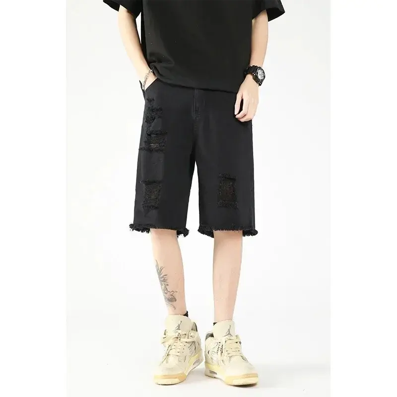 Men's Denim Shorts Ripped Tassel Summer Perforated Denim Pants Large Casual Middle Pants Ripped Jeans Men Jeans Men Clothing Y2k