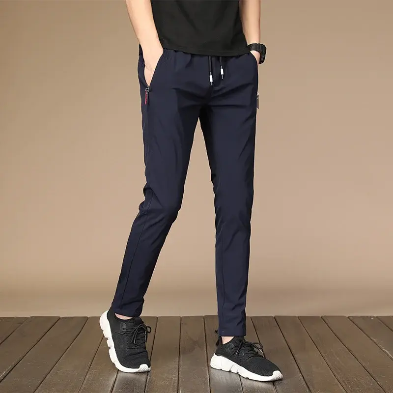 Men Casual Pants Slim Fit Business Pants Drawstring Design High Elasticity Breathable Washable Wear Resistant Summer Joggers Men