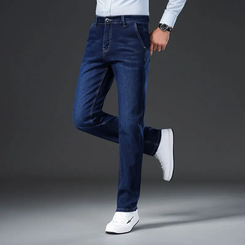 Men's Straight Jeans Summer Thin Classic Black Blue Stretch Casual Business Baggy Denim Pants Men Trousers Y2k Men’s Jeans Print