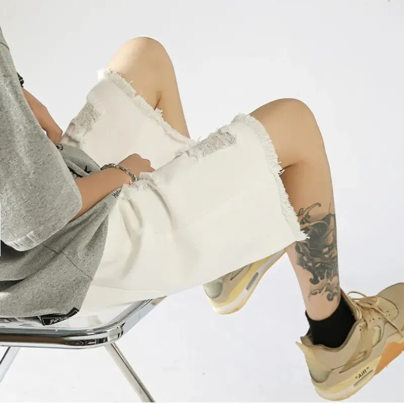 Men's Denim Shorts Ripped Tassel Summer Perforated Denim Pants Large Casual Middle Pants Ripped Jeans Men Jeans Men Clothing Y2k