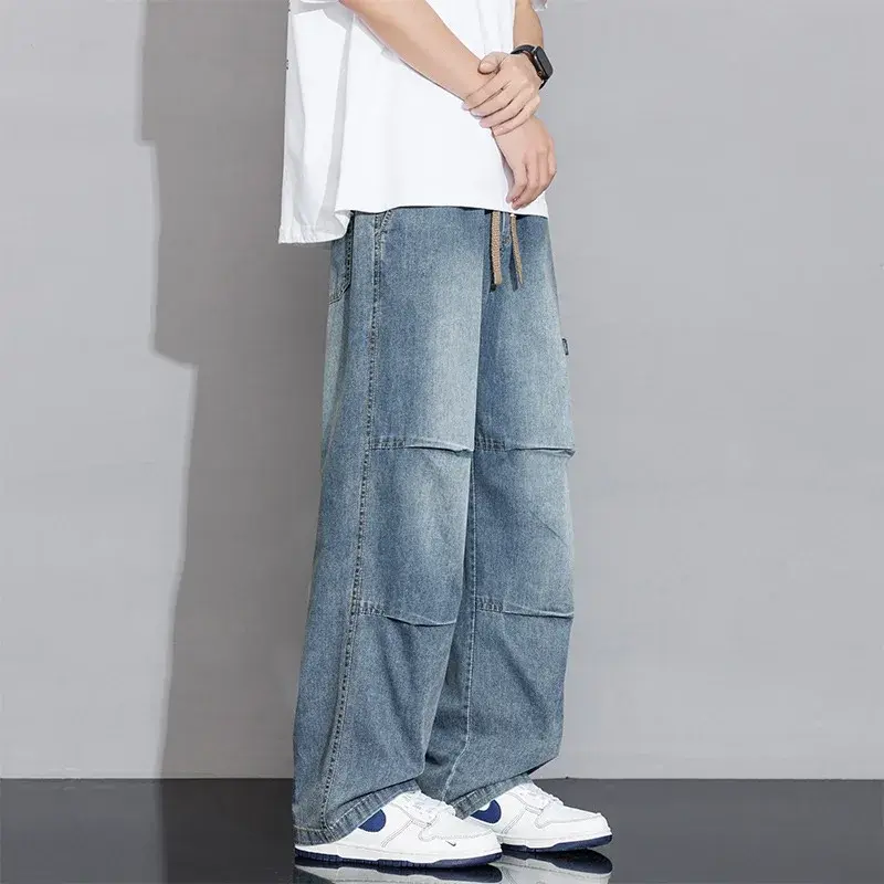 Men Clothing Drawstring Straight Men Pants 2025 Spring Summer New Vintage Washed Cotton Jeans for Y2k Men’s Jeans