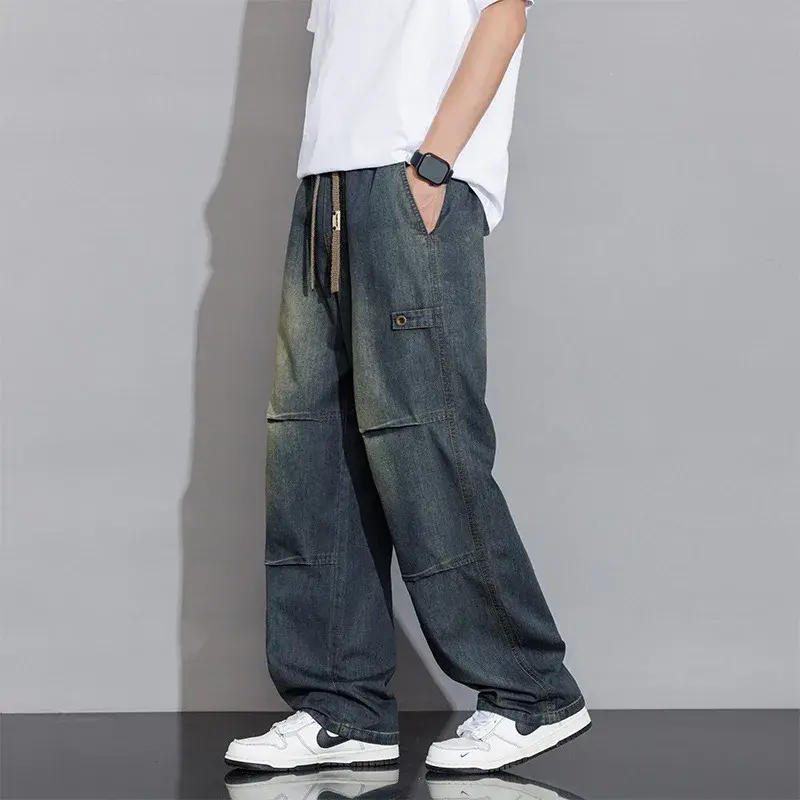 Men Clothing Drawstring Straight Men Pants 2025 Spring Summer New Vintage Washed Cotton Jeans for Y2k Men’s Jeans