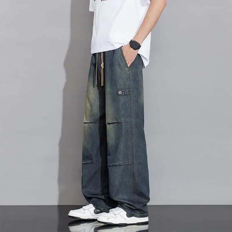 Men Clothing Drawstring Straight Men Pants 2025 Spring Summer New Vintage Washed Cotton Jeans for Y2k Men’s Jeans