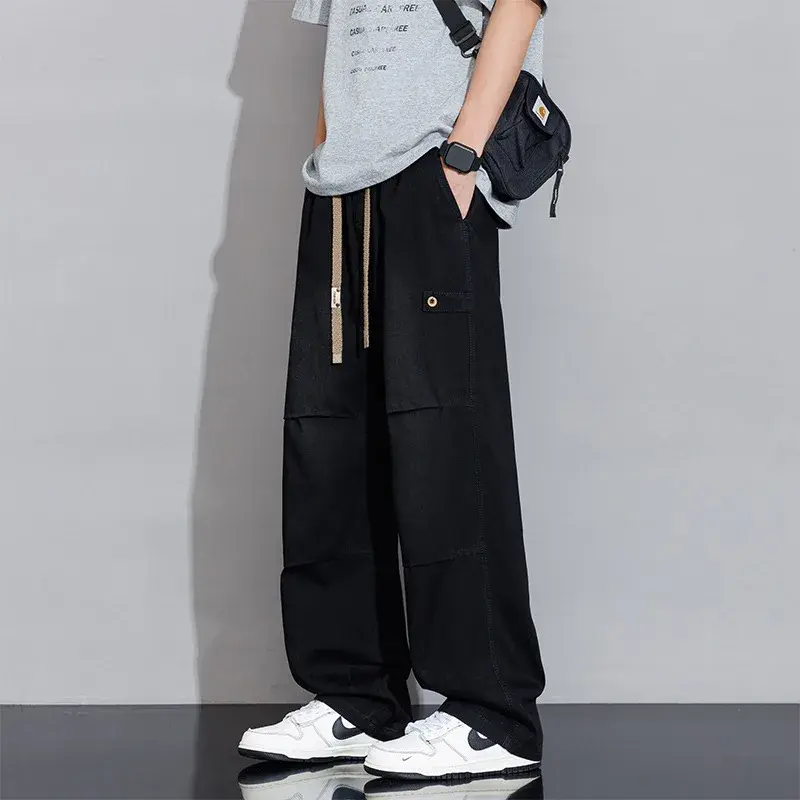 Men Clothing Drawstring Straight Men Pants 2025 Spring Summer New Vintage Washed Cotton Jeans for Y2k Men’s Jeans
