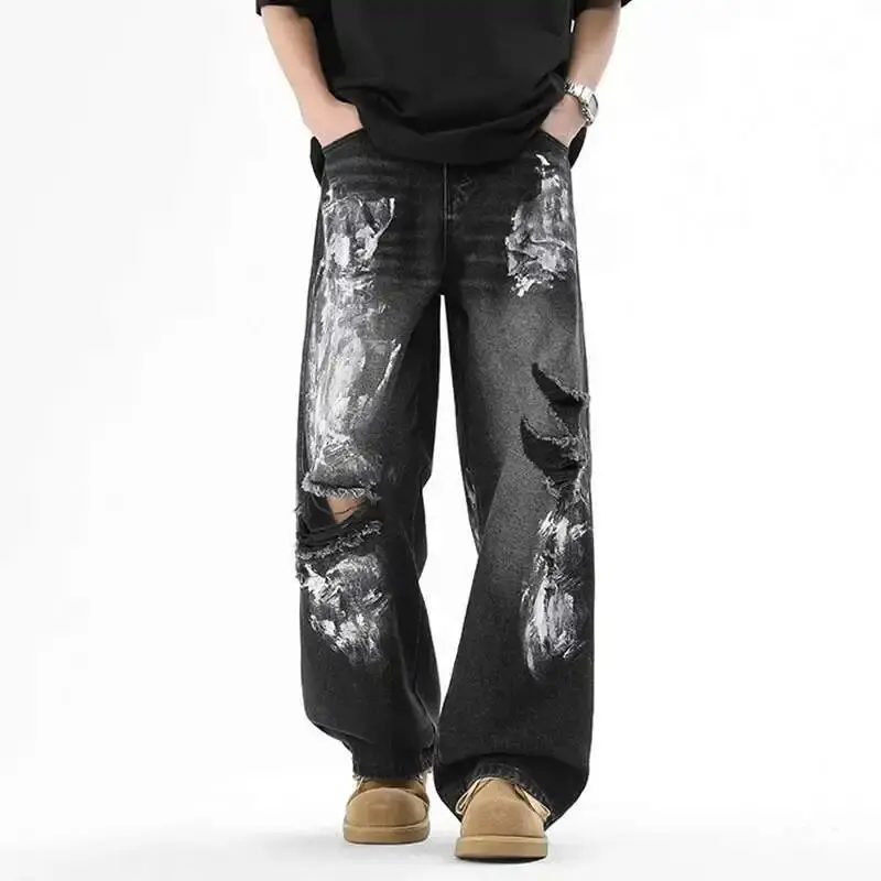 American Style Men's Jeans Hole Design Graffiti Contrast Color Straight Bottom Wide Leg Loose Male Denim Pants New Ripped Jeans