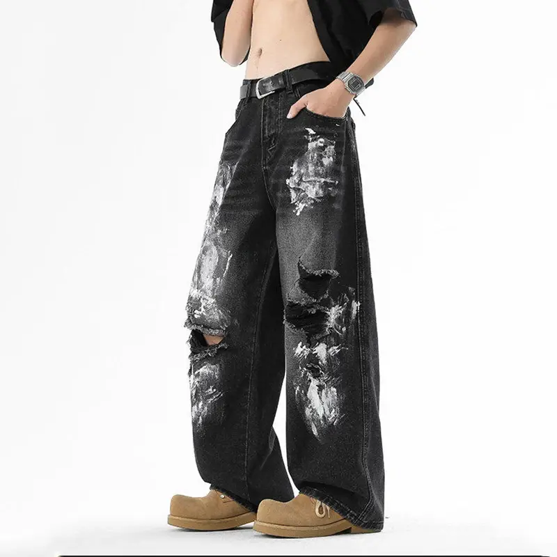American Style Men's Jeans Hole Design Graffiti Contrast Color Straight Bottom Wide Leg Loose Male Denim Pants New Ripped Jeans