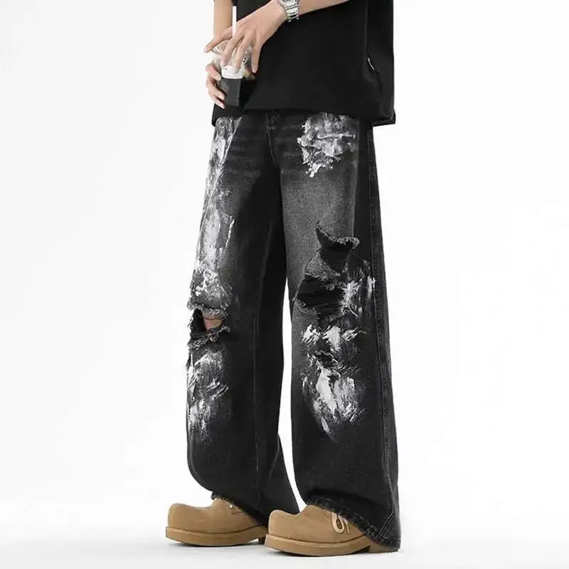 American Style Men's Jeans Hole Design Graffiti Contrast Color Straight Bottom Wide Leg Loose Male Denim Pants New Ripped Jeans