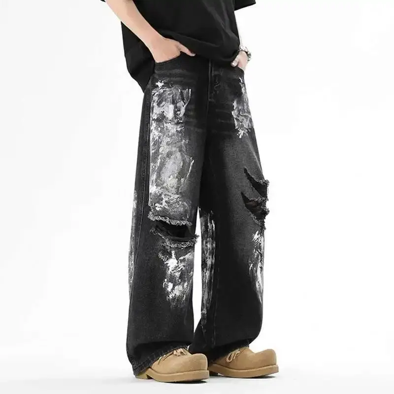 American Style Men's Jeans Hole Design Graffiti Contrast Color Straight Bottom Wide Leg Loose Male Denim Pants New Ripped Jeans