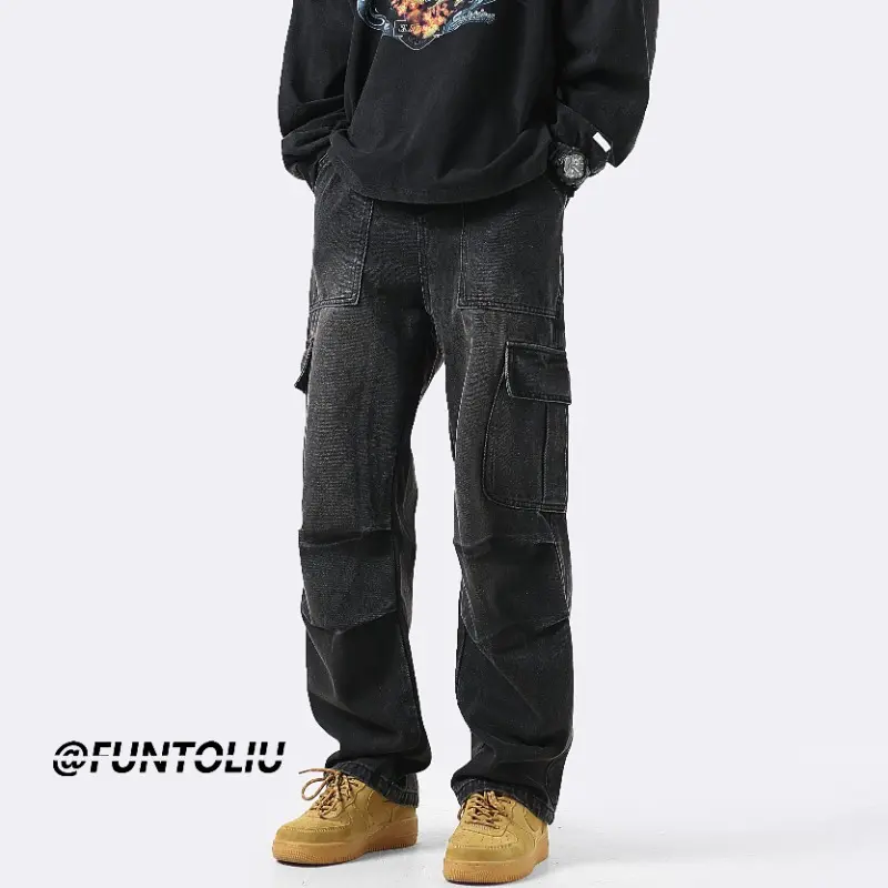 Men's Cargo Jeans American Style Muti-pockets Loose Straight Casual Trousers Hip Hop Streetwear Vintage Fashion Pants Jeans Mens