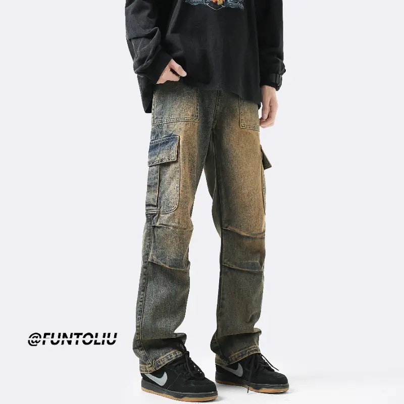 Men's Cargo Jeans American Style Muti-pockets Loose Straight Casual Trousers Hip Hop Streetwear Vintage Fashion Pants Jeans Mens