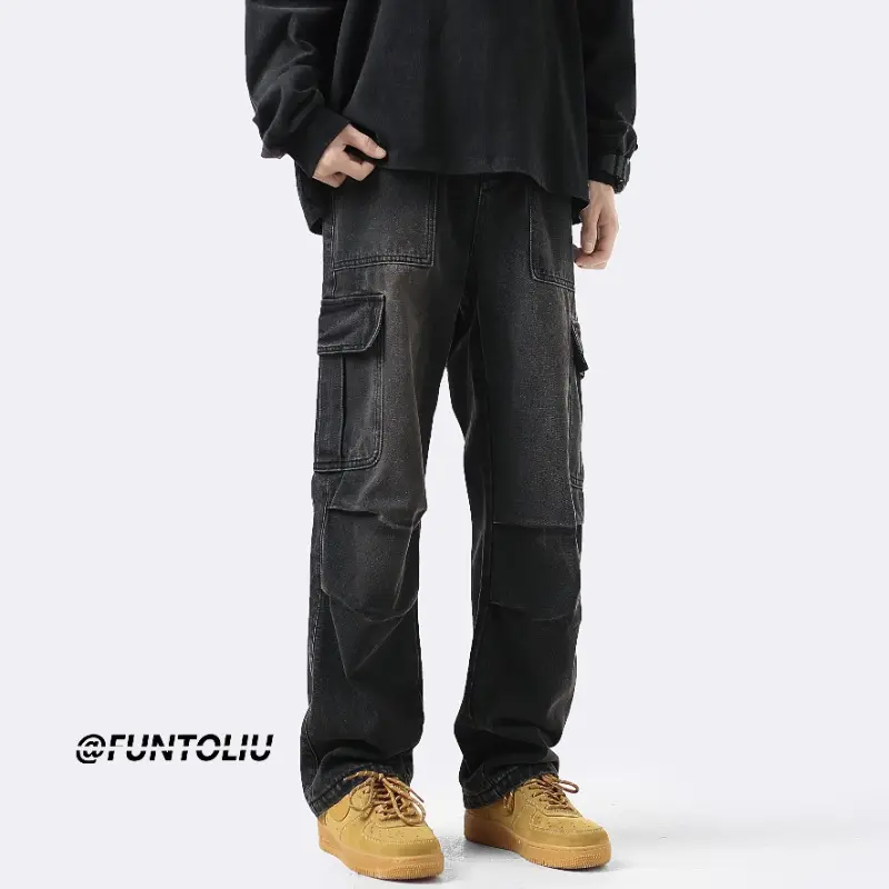 Men's Cargo Jeans American Style Muti-pockets Loose Straight Casual Trousers Hip Hop Streetwear Vintage Fashion Pants Jeans Mens